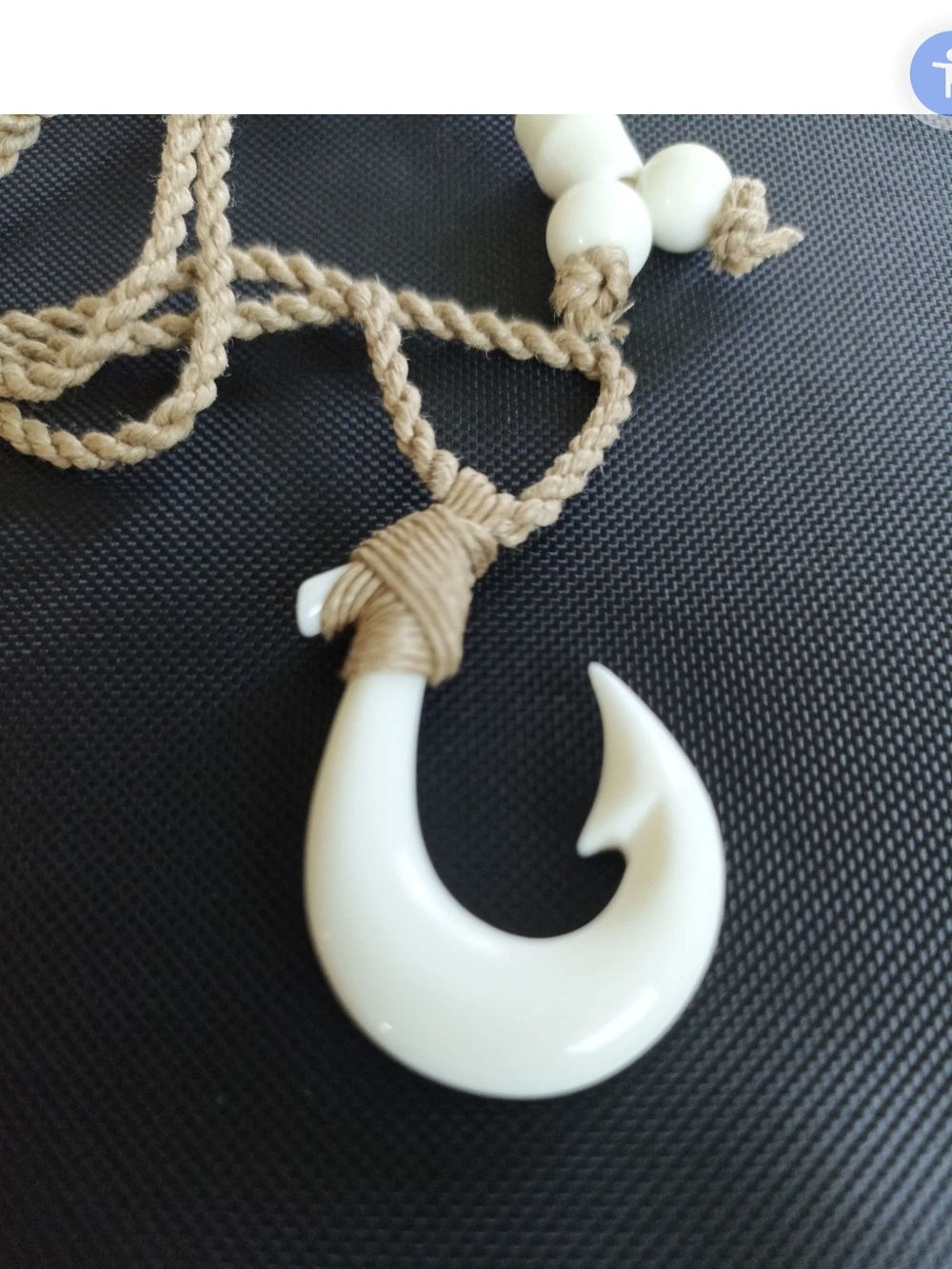 White Fish Hook Pendant Necklace with Tan Cord